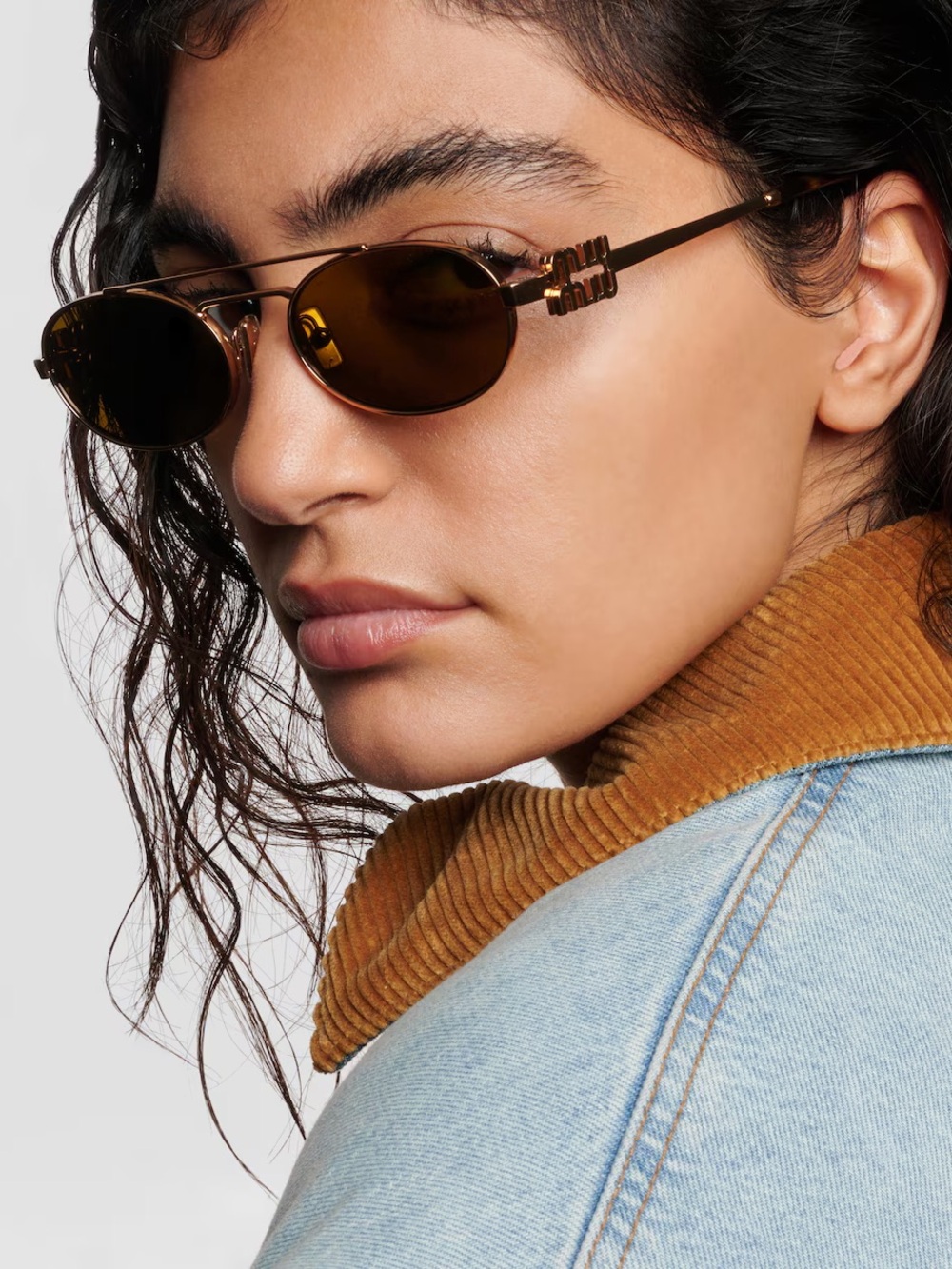 Miu Miu Gold Frame Brown Lens Oval Sunglasses
